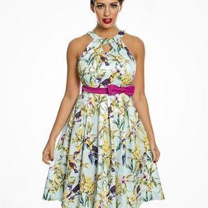 Lindy Bop Cherel Blue Tropical Bird Print Dress